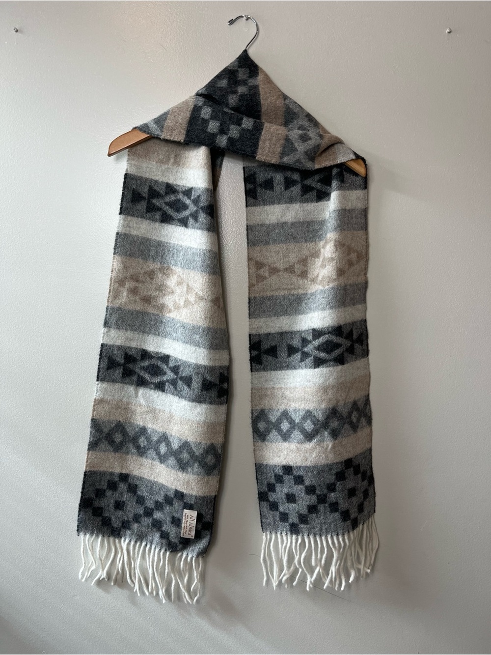 Alpaca Wool Scarf Made In Peru Knit Fringe Wrap 74x10 Aztec Grey Southwest